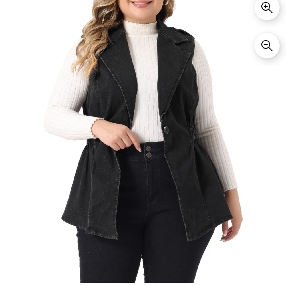 Agnes Orinda Plus Size Women's Denim Jacket Sleeveless Waistline Notched Lapel